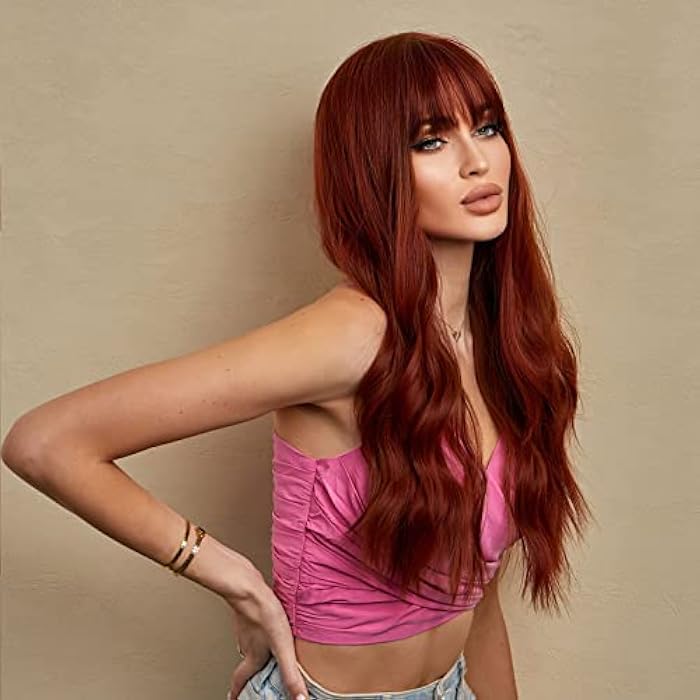 DILLARDS Haircube Auburn Wigs For Women, Long Wavy Synthetic Wig With Bangs Natural Headline Heat Permanent Hair Wig - Image 5